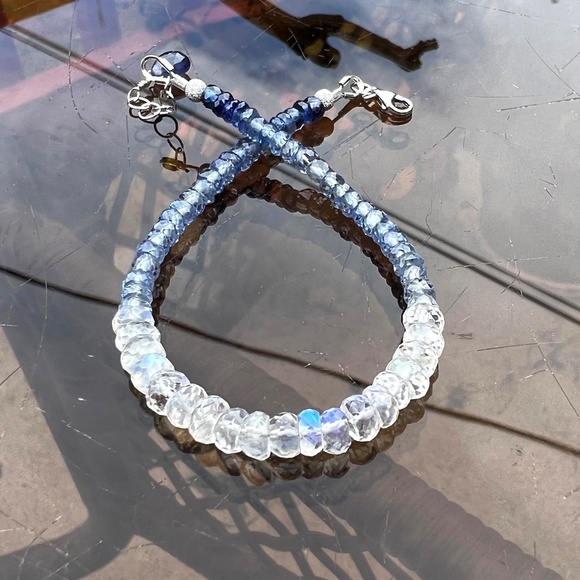 Solid 14K White Gold Natural Blue Sapphire, Moonstone Bracelet 7" - 7 2/3" - Picture 12 of 13